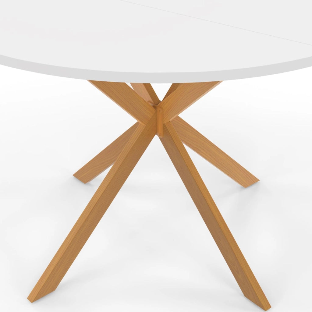 Tavolo da pranzo rotondo GISELE per 6 persone, gamba a ragno in legno, piano bianco 110 cm
