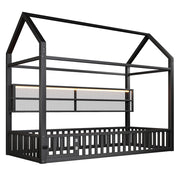 Letto Casetta 90x200 cm con Sponda; LED a 7 colori; Tetto; in Metallo; Nero