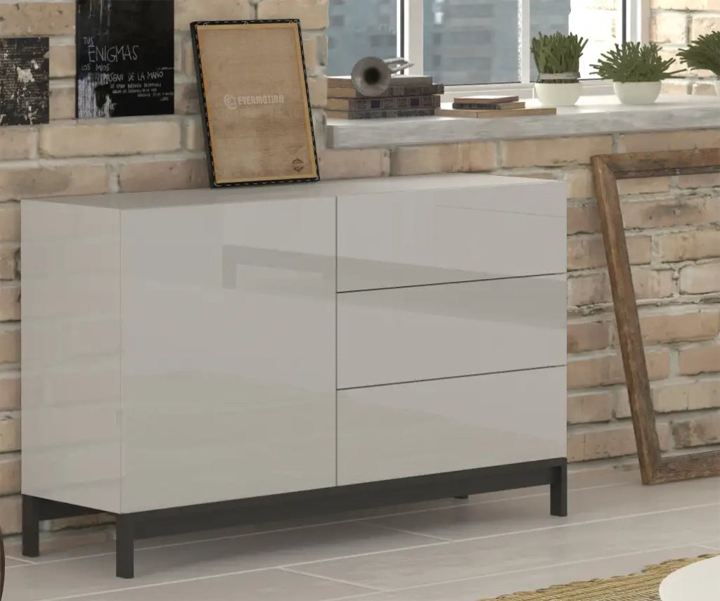 Credenza madia soggiorno 110cm con anta e 3 cassetti bianco lucido Metis Up Three
