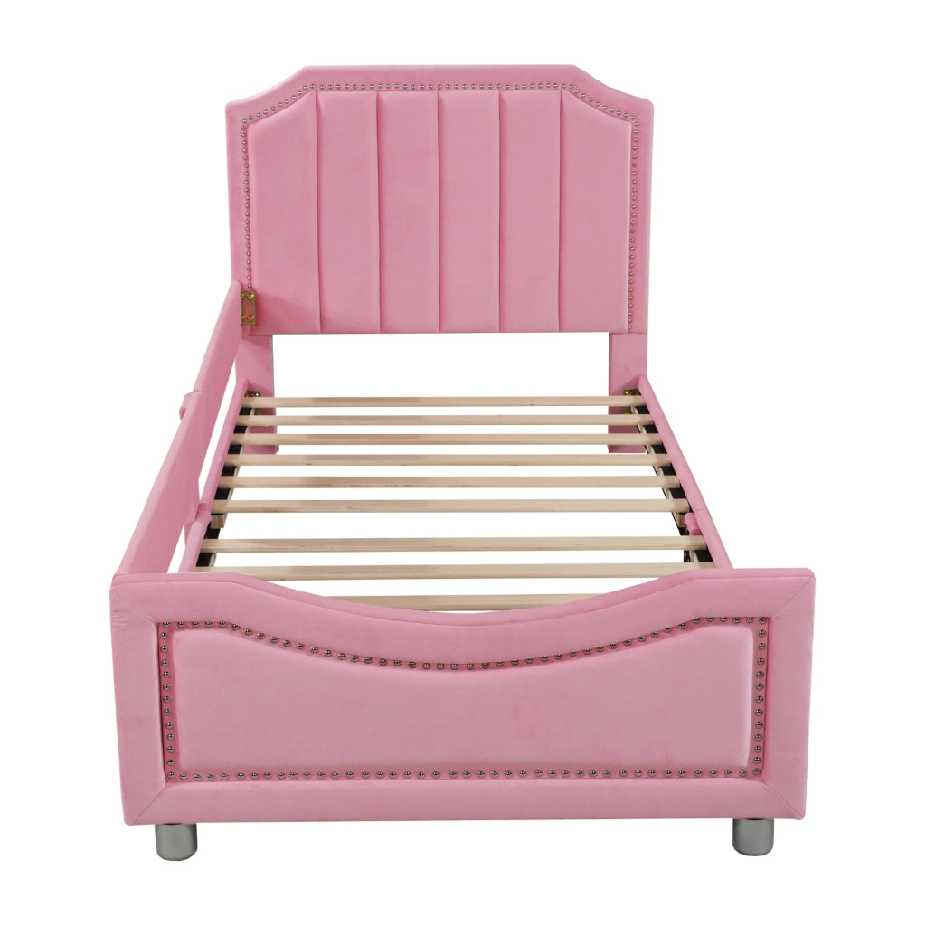 Letto imbottito per bambini 90x200 cm con schienale e braccioli in flanella rosa