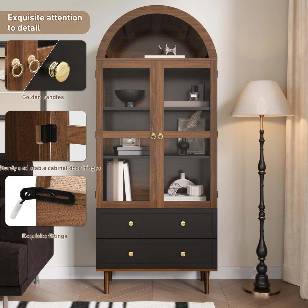Sideboard contenitore con ripiani regolabili 70x38x165 cm in MDF e vetro; finitura noce