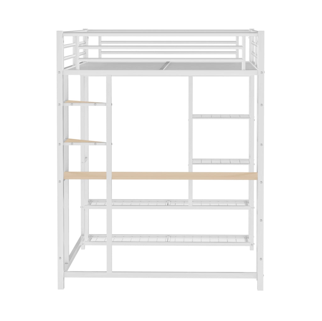 Letto a soppalco in metallo bianco 140x200 cm con scrivania; armadio e ripiani
