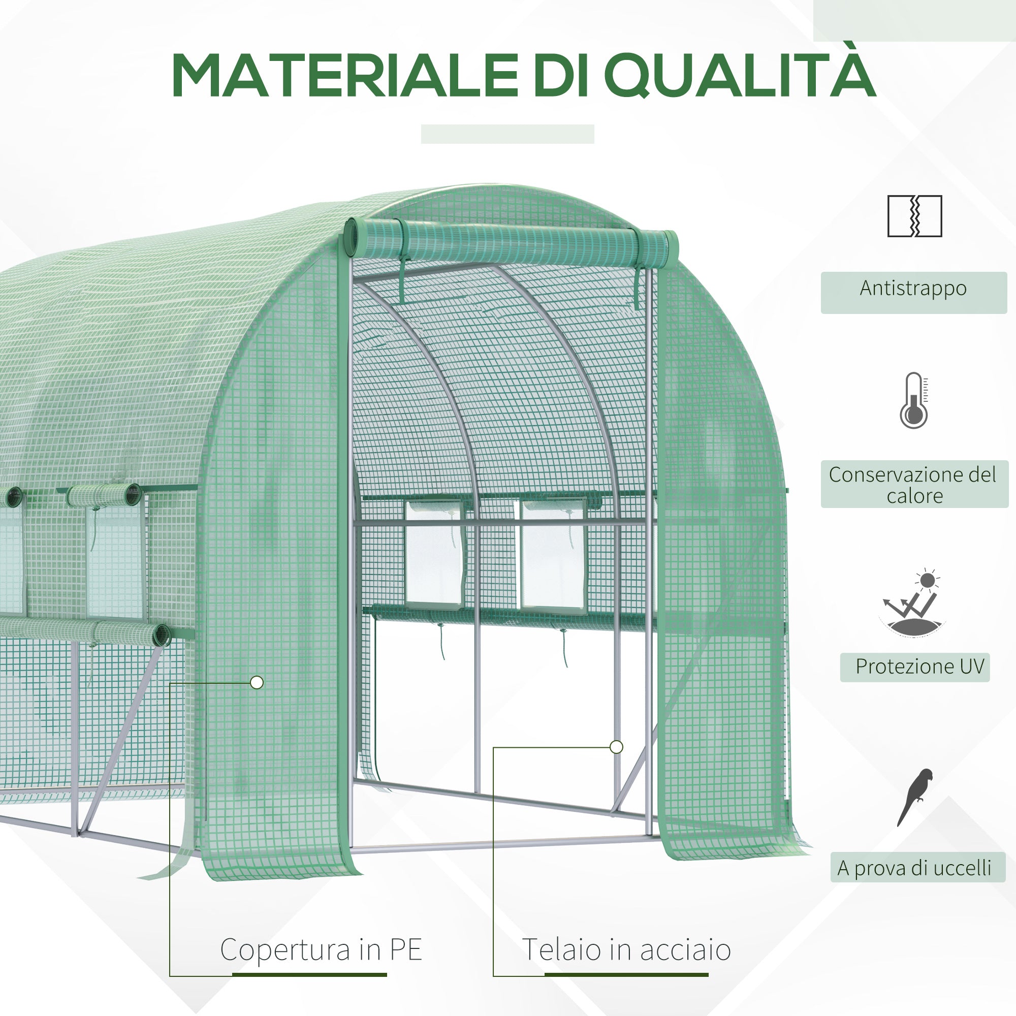 Serra per Orto 3x2x2m Porte con Zip e Finestre a Rete in Acciaio e Copertura PE Verde
