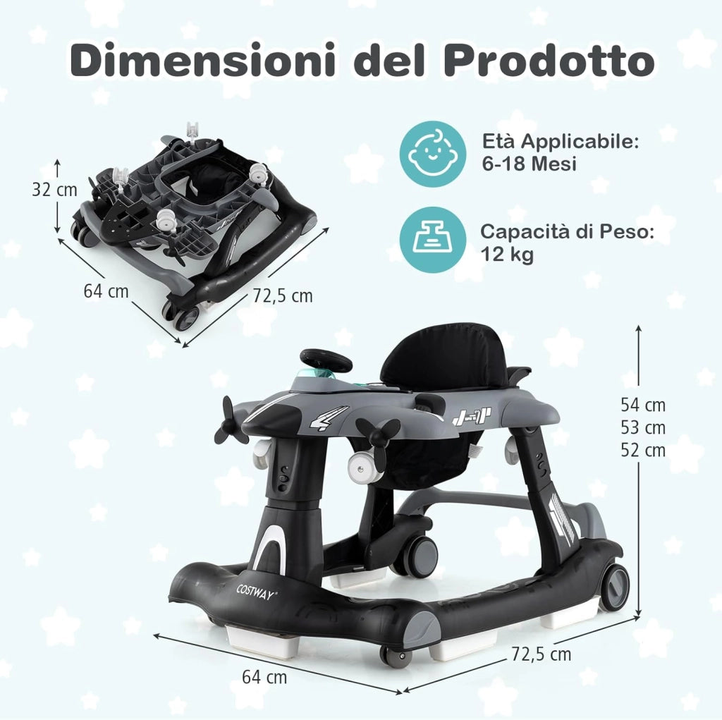 6 in 1 Girello per Bambini, Girello Pieghevole con Altezza Regolabile a 3 Livelli, Scatola Musicale Rimovibile, Vassoio per Alimenti, Portata 12 kg, per Bambini di 6-18 Mesi (Grigio)
