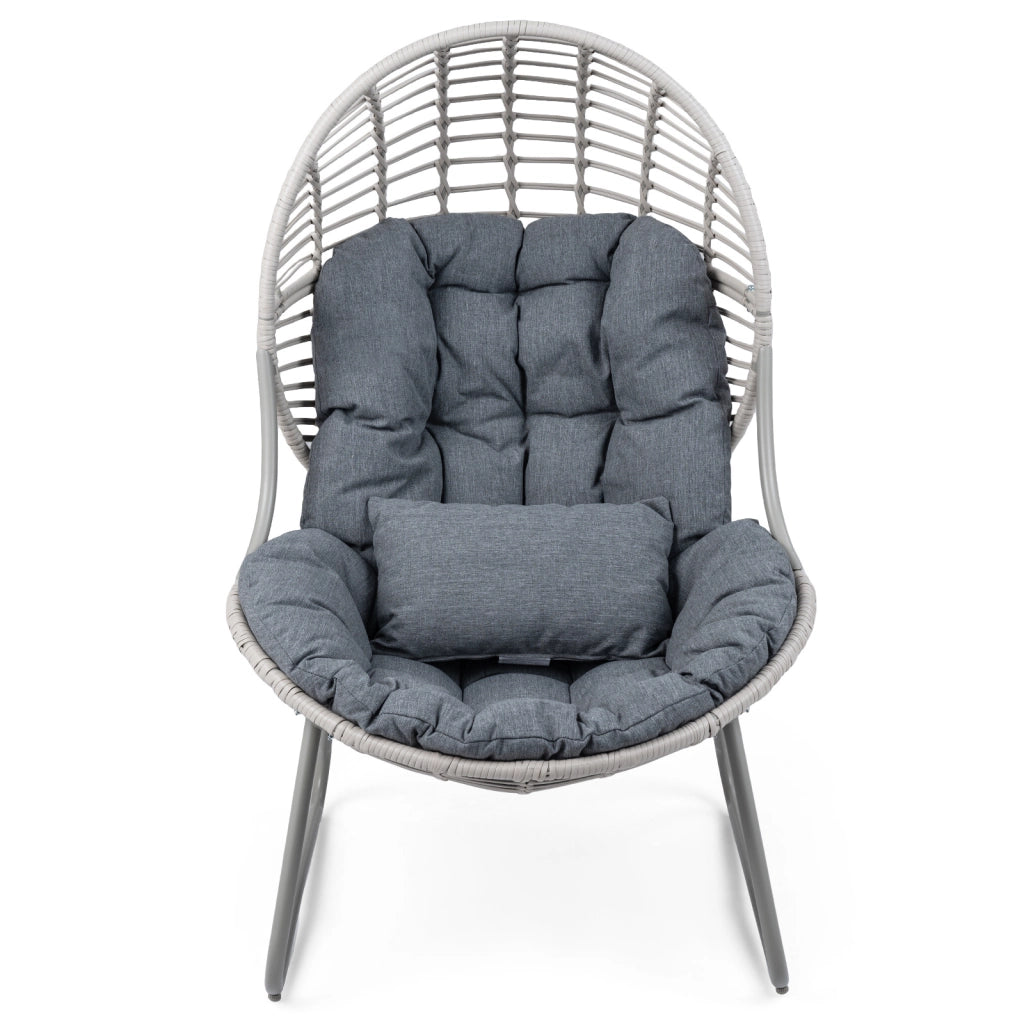 Poltrona da giardino in pe rattan con cuscino imbottito sedile ampio e telaio in metallo, Sedia relax a nido max 150 kg Grigio
