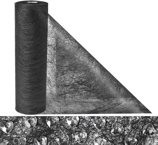 Tappeto non tessuto nero, 23cmx30m, tappeto non tessuto in rotolo, tovagliato nero con 150 cuori decorativi, tovagliato non tessuto per tavola di matrimoni, compleanni, decorativo lenzuolo per tavola.