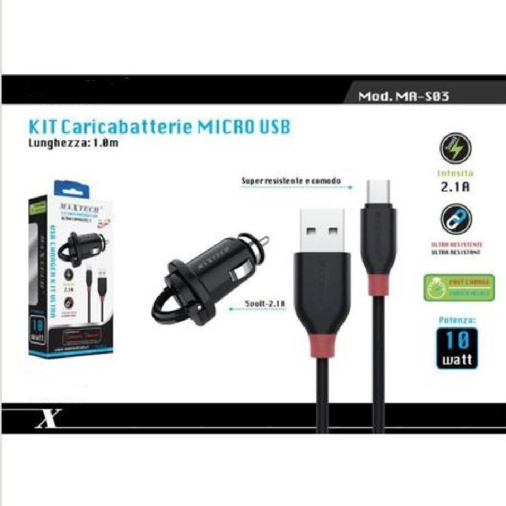 Trade Shop - Kit Caricabatterie Caricatore Da Auto + Cavo Micro Usb 1mt 10watt Maxtech Ma-s03 -