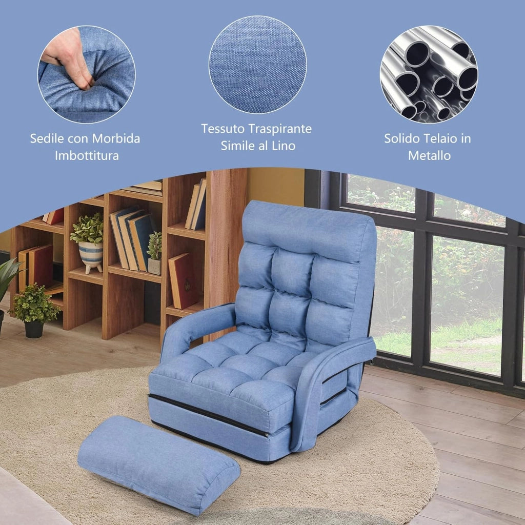 Poltrona Divano con 5 Livelli Regolabili, Sedia da Terra con Braccioli e Cuscino, Struttura in Acciaio, Multifunzione e Pieghevole per Soggiorno Camera da Letto, 55x66x71 cm (Blu)