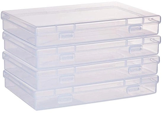 Scatola di plastica - 4 pezzi - Organizzatore trasparente - Coperchio scorrevole - Per piccoli laboratori - 17 x 10,5 x 2,5 cm - Scatola di archiviazione