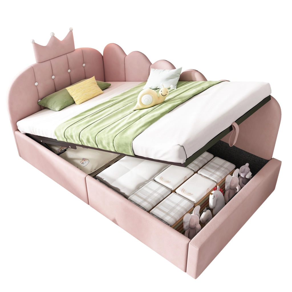 Letto contenitore a scomparsa L, 90x190 cm, in velluto rosa, con rete a doghe, senza materasso