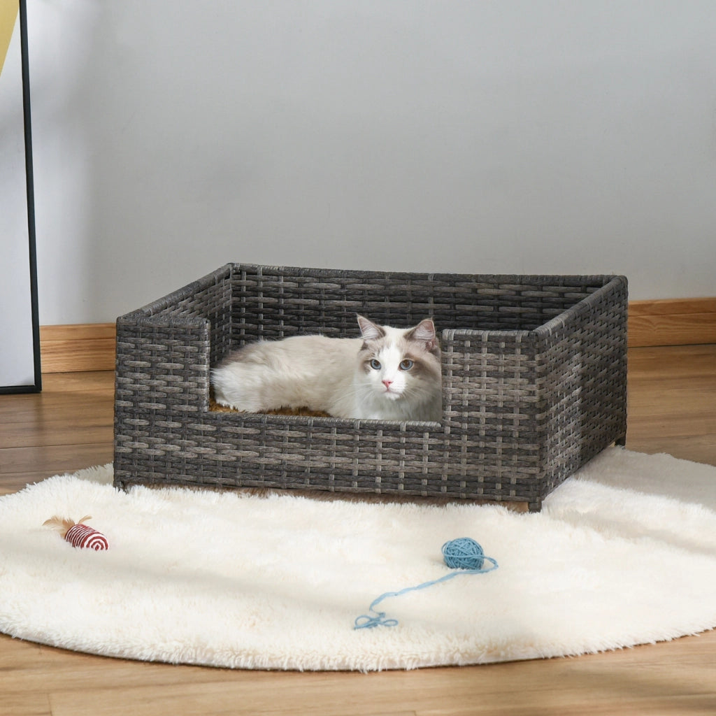 Easycomfort Cuccia per Cani e Gatti in Rattan con Cuscino Lavabile, Lettino per Animali da Interno, 61x46x27cm, Grigio Bianco