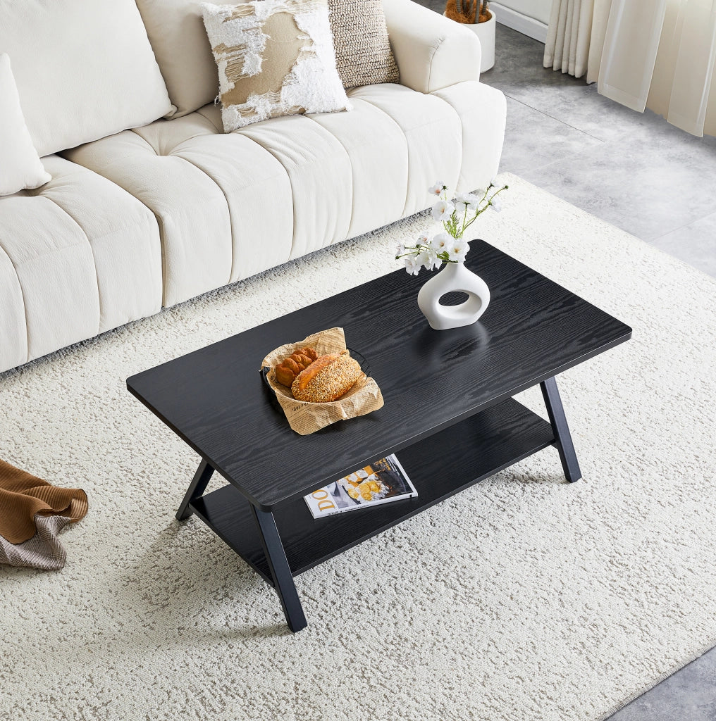 Tavolino da caffè 110x57x44.5 cm con doppio spazio contenitivo in MDF e metallo nero
