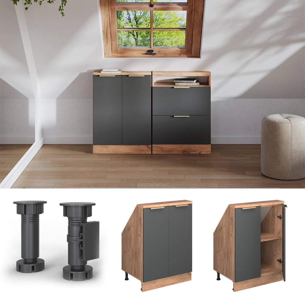 Mobile cucina sottotetto R-Line Antracite-oro/Rovere dorato 60 cm con 2 porte Vicco