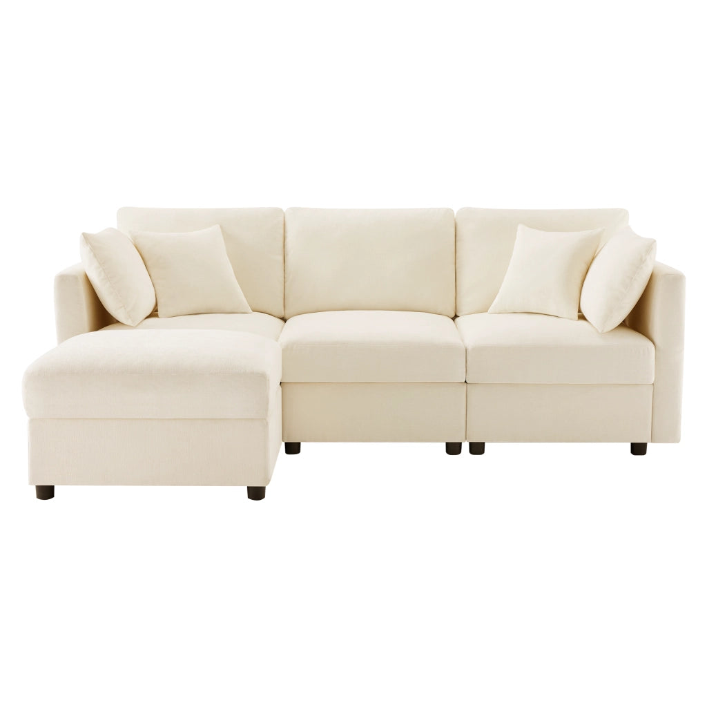 Divano angolare a L trasformabile in 3 posti - Zephmum - Con pouf, 4 cuscini e braccioli regolabili in tessuto chenille beige