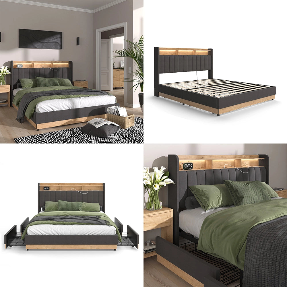 Vitalispa Letto imbottito Antracite 160x200 cm con 4 cassetti
