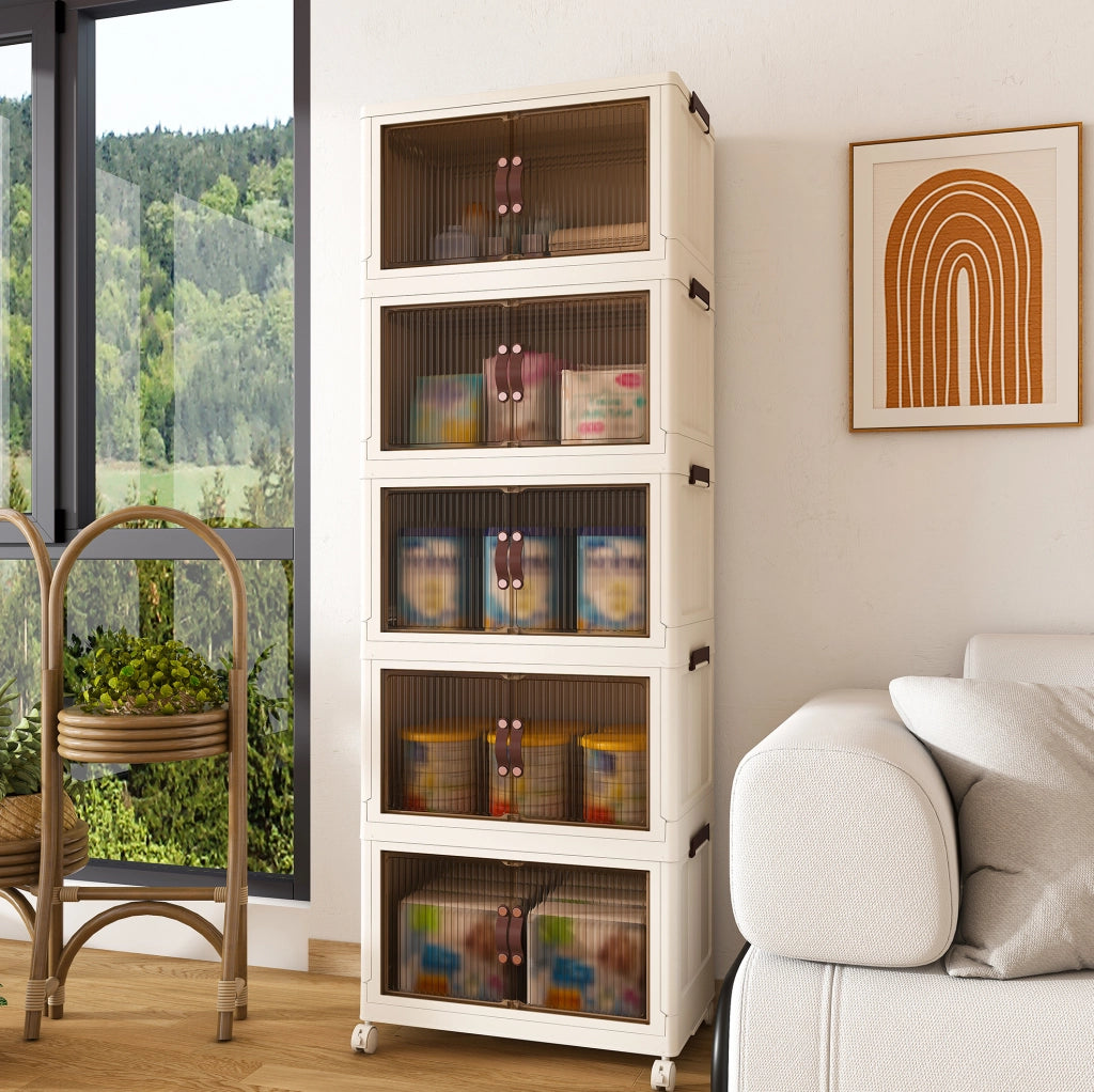 Armadio contenitore pieghevole a 5 livelli in PP bianco con porte magnetiche e ruote