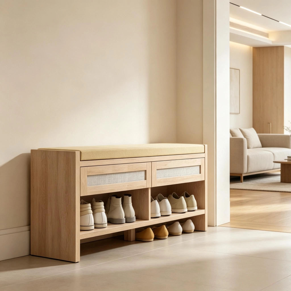 PANCA SCARPIERA 108x35x50 cm Effetto legno chiaro in MDF e rattan PE