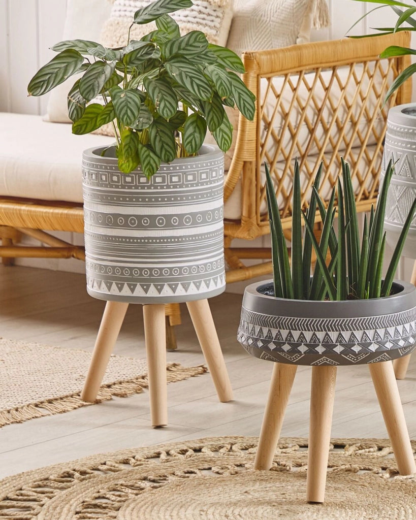 Vaso di fiori grigio chiaro 30 x 30 x 31 cm bianco dipinto a mano modello 3 gambe faggio rotondo Boho interni esterni