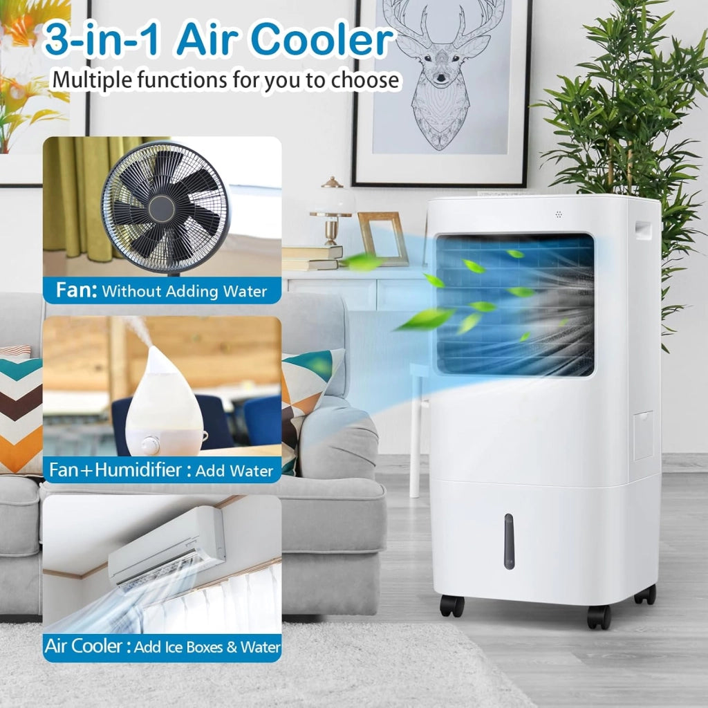 Ventilatore Condizionatore Portatile 65W, Raffreddatore d'Aria 3 in 1, Air Cooler & Ventilatore & Umidificatore, con Telecomando, 4 Velocità Regolabili, Timer 7,5H, Serbatoio d'Acqua 20L