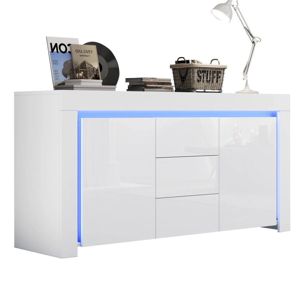 Cassettiera con LED ¨C MINIMAL ¨C Bianco Lucido, 3 Cassetti, 2 Ante, 140x40x65 cm