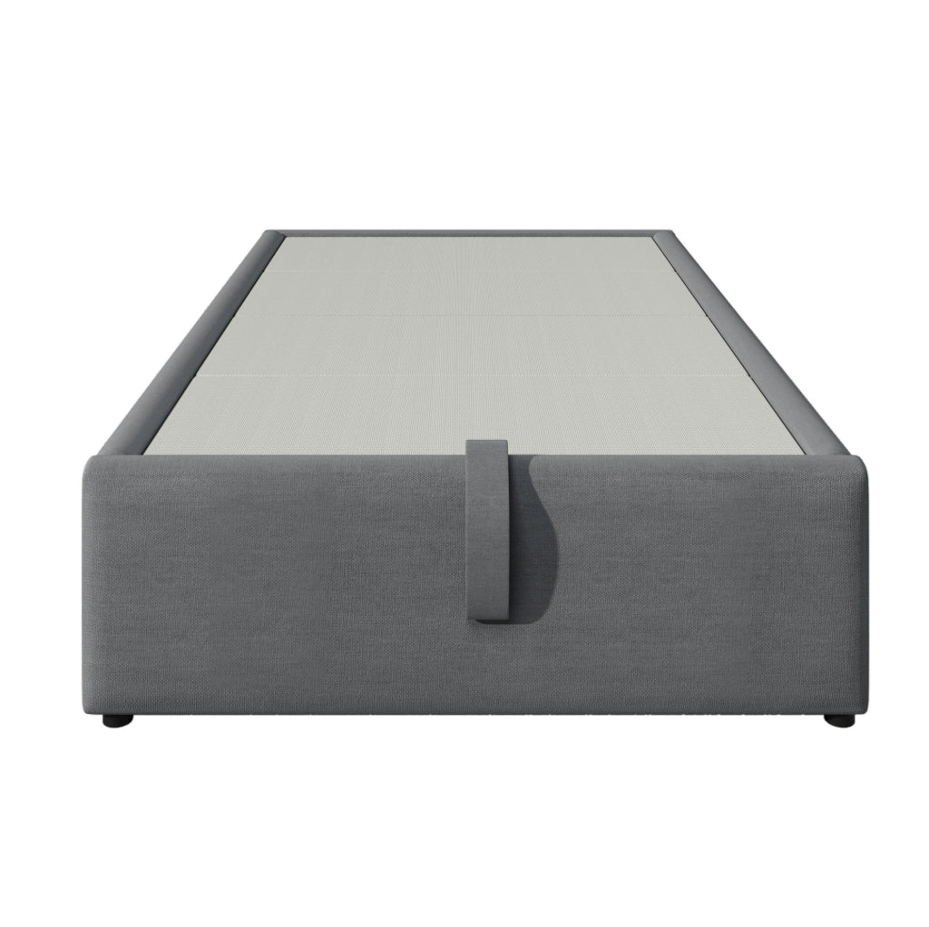 Letto singolo 90x200 cm con contenitore; USB e Type-C; tessuto effetto lino grigio