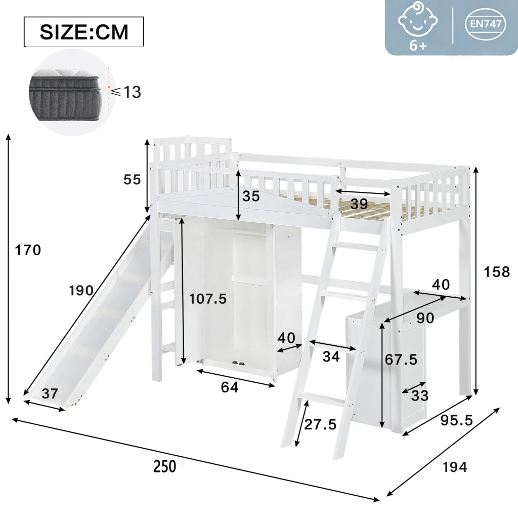 Letto a soppalco per bambini 90x200 cm bianco con scivolo, scrivania e armadio