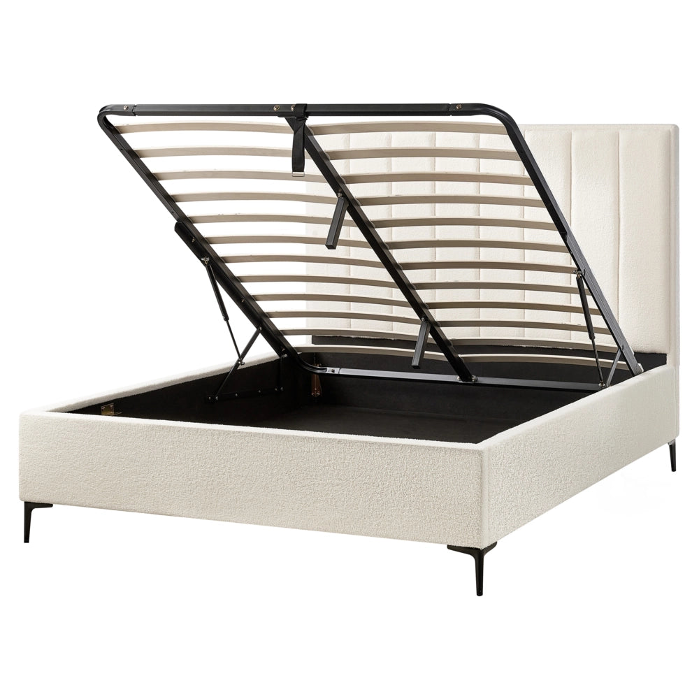 Letto Matrimoniale con Contenitore in tessuto bouclè bianco sporco 160 x 200 cm gambe in metallo Nero