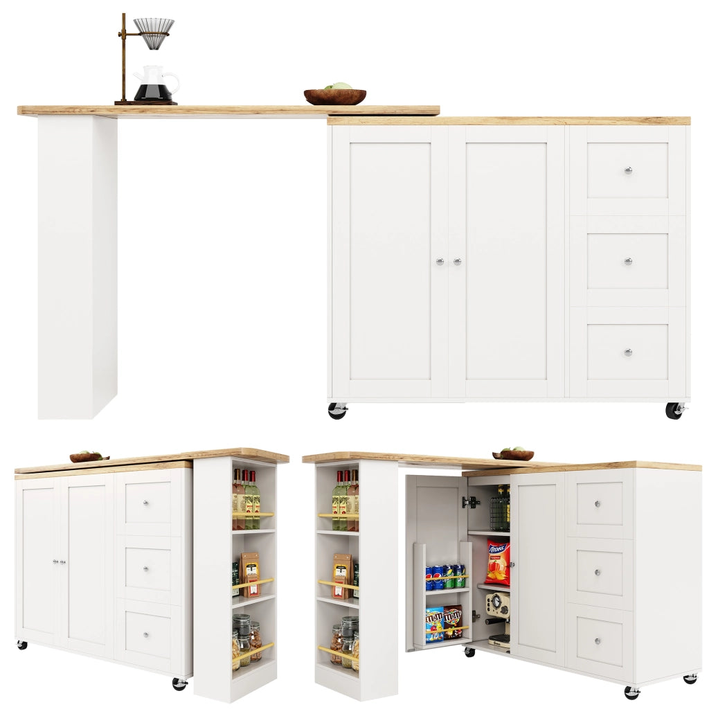 Mobile Bar con 2 Ante; 3 Cassetti e 3 Ripiani; Girevole a 360° con Ruote; per Cucina; Bianco