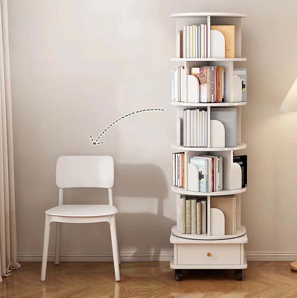 LIBRERIA Girevole 360° con cassetto e ruote Bianca in MDF