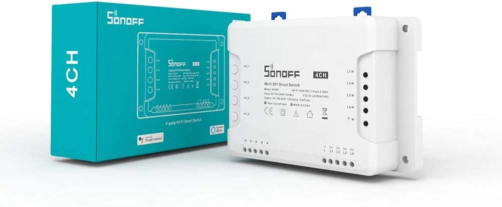 SONOFF 4CHR3  Canali Montaggio su barra DIN Interruttore Wi-Fi per Realizzazione Impianto Domotica Fai-Da-Te (Smart Home DIY), Controllo Remoto di Quattro Elettrodomestici Indipendenti