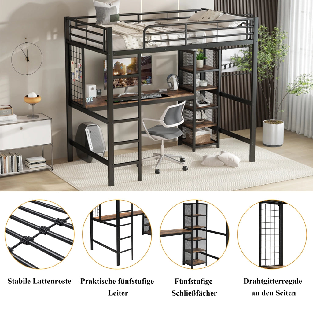 Letto a castello nero e noce scuro con scrivania e scaffali in metallo e MDF 90x200 cm