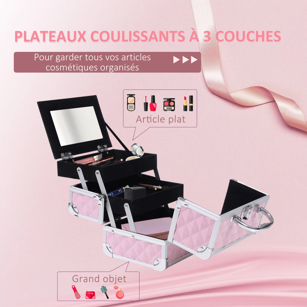 Mallette trucco 3 livelli con specchio e serratura ¨C zephmum ¨C rosa 20x15x15 cm