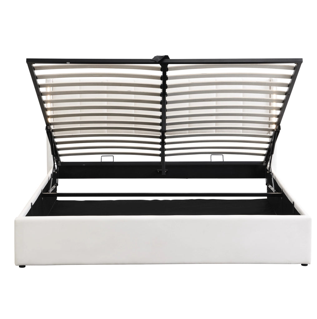 Letto 140x190 cm con vano contenitore, LED e porta USB integrata in PU bianco