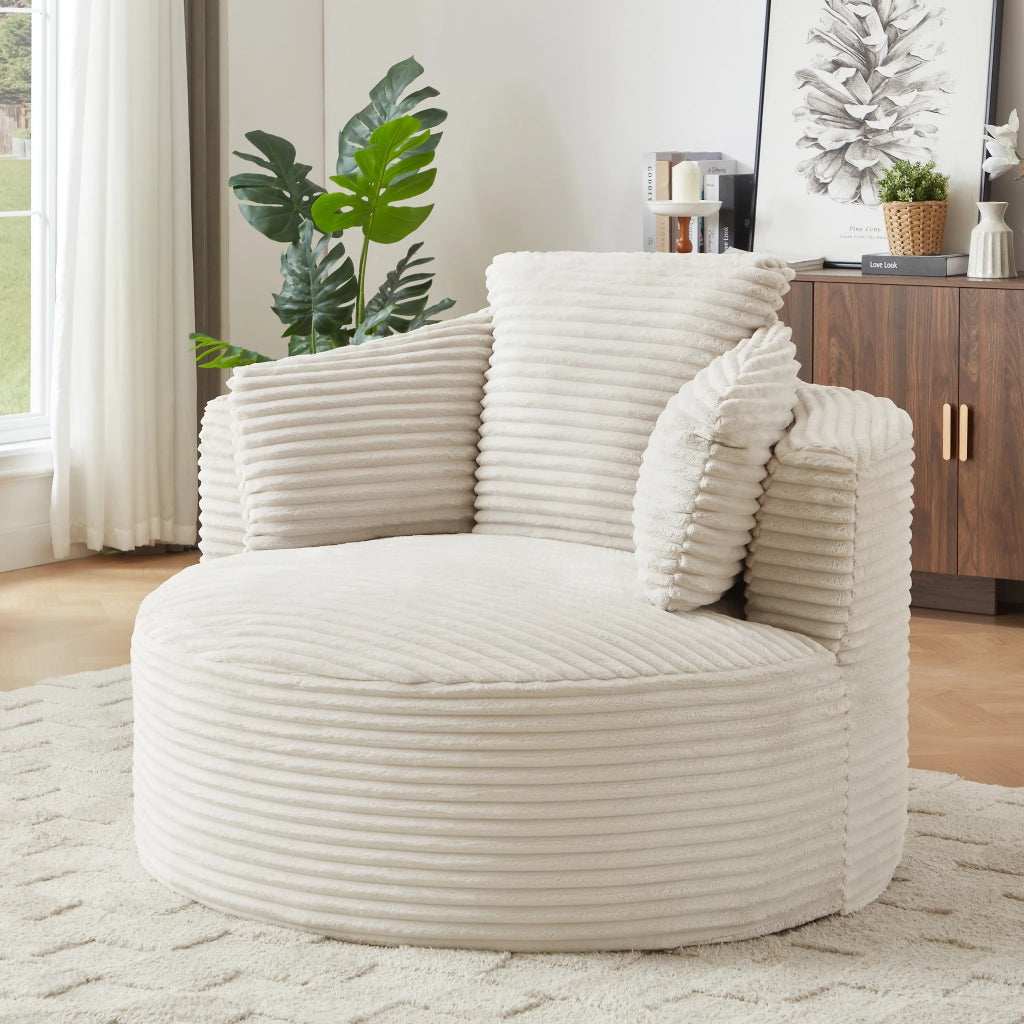 Poltrona rotonda imbottita con schienale ergonomico e supporto a molle insacchettate in velluto a coste beige