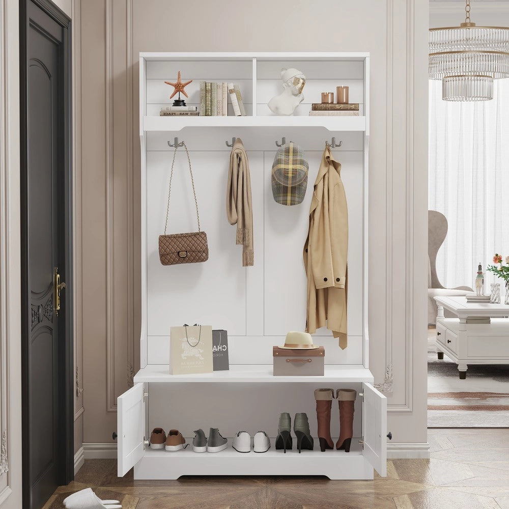 Scarpiera Panca con Appendiabiti ¨C MINIMAL ¨C Bianco, 4 Ganci, 2 Ripiani, Ingresso
