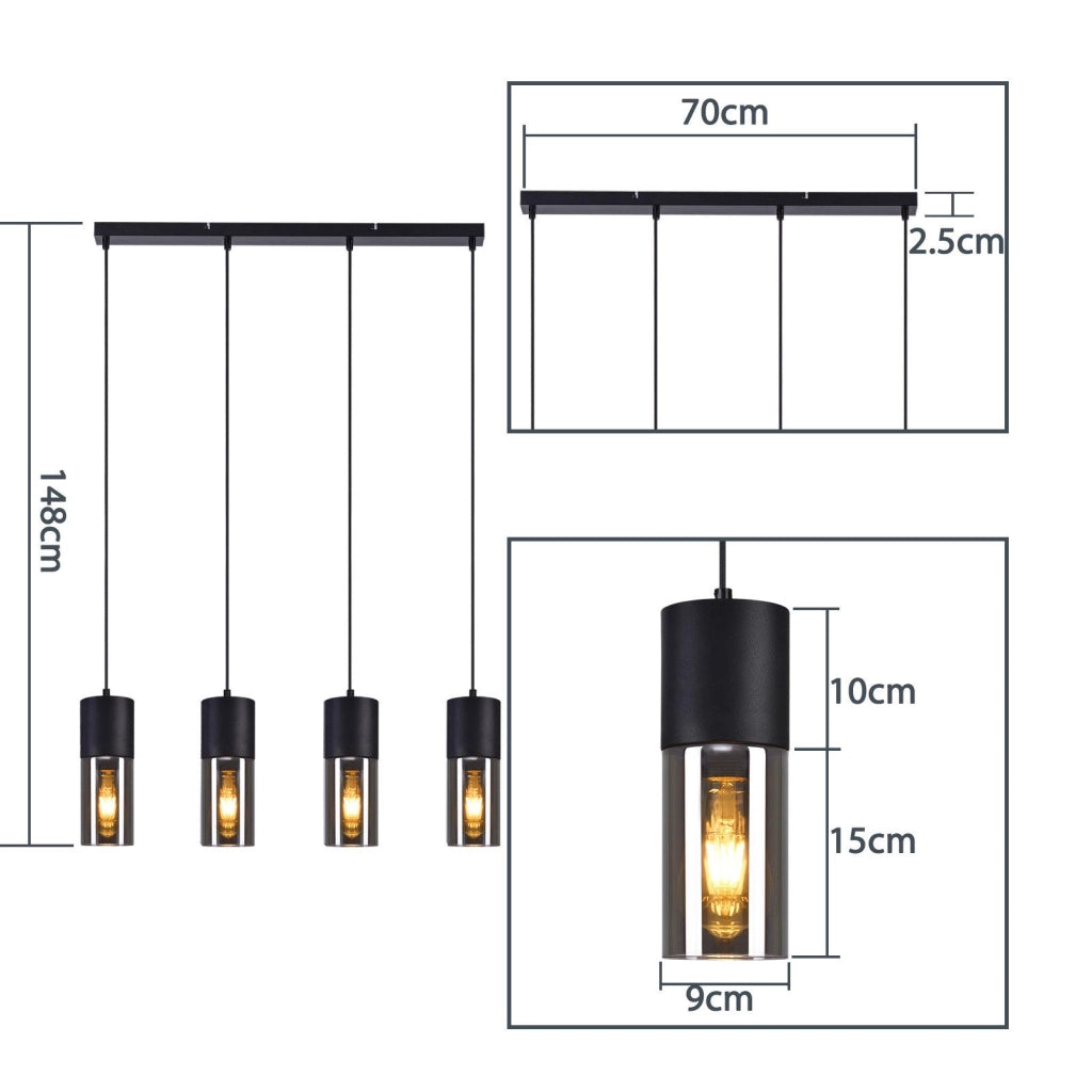 Lampada a sospensione ZMH per sala da pranzo 4 fiamme attacco E27 nera lampada a sospensione per cucina corridoio