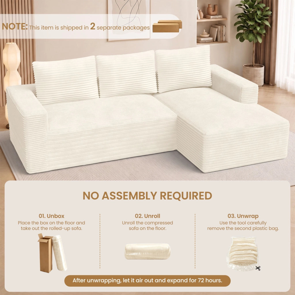 Divano angolare modulare in velluto a coste a L, divano compresso sottovuoto senza montaggio con chaise longue, molle insacchettate ergonomico