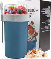 Bicchiere per muesli 760 ml + 230 ml bicchiere per yogurt - da portare in viaggio - con cucchiaio - pratico - scatola per muesli per ufficio, campeggio, scuola - blu