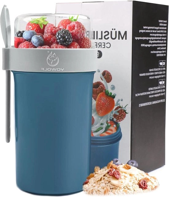 Bicchiere per muesli 760 ml + 230 ml bicchiere per yogurt - da portare in viaggio - con cucchiaio - pratico - scatola per muesli per ufficio, campeggio, scuola - blu