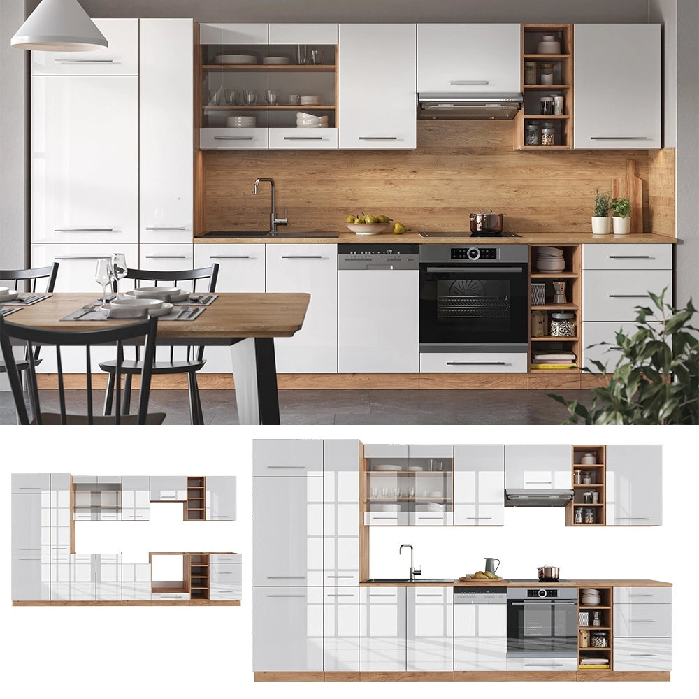 Cucina componibile Fame-Line Bianco lucido/Rovere dorato 355 cm, PL Marmo Vicco