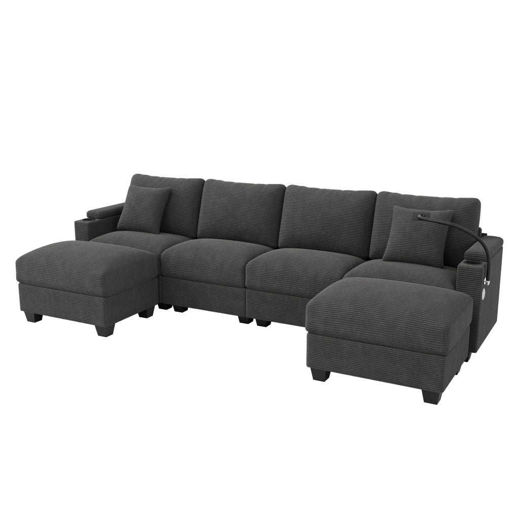 Divano modulare angolare in corduroy grigio con USB; portabicchieri e contenitore; 275;5 cm