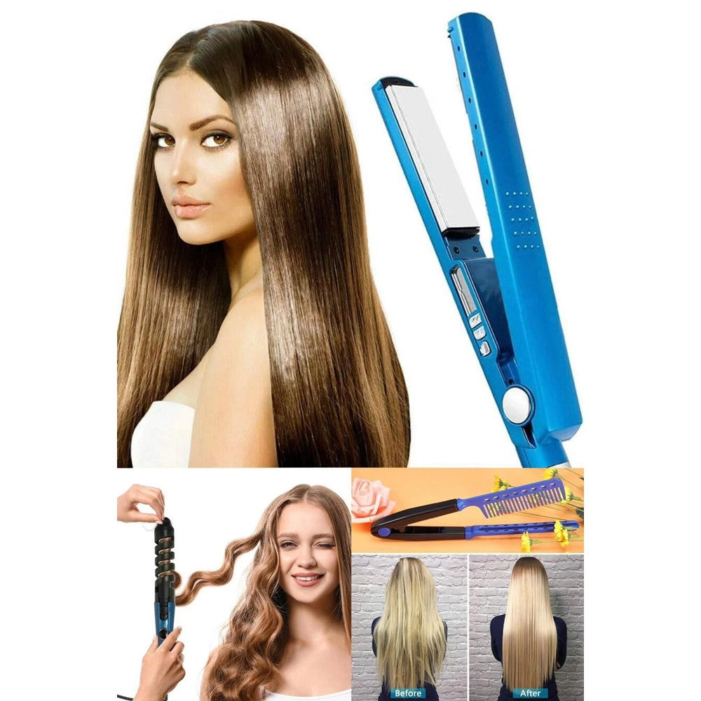 Trade Shop - Set Piastra 3in1 Per Capelli In Nano Titanio Ceramica Con Ferro Arricciacapelli Pettine -