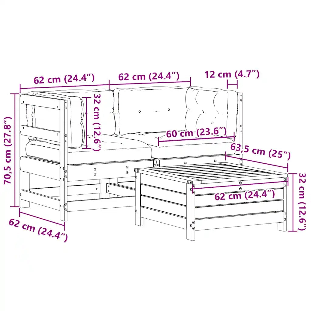 Set Salotto da Giardino 3 pz Cuscini Legno Massello Pino Bianco 3250757