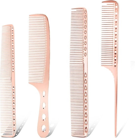 Set di pettini in alluminio 4 in 1 per taglio professionale del capello, con pettini a foglia metallica per parrucchieri - adatto per capelli umidi e arricciati (rosa oro)