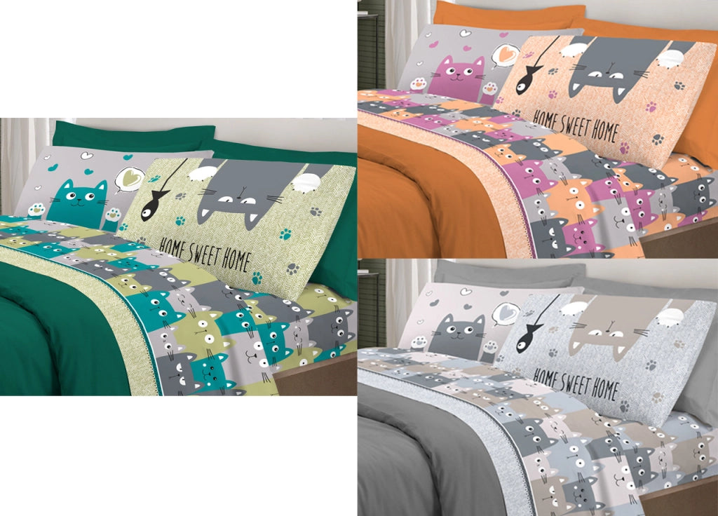 Completo Lenzuola Letto Pensieri Delicati 100% Cotone Disegno Happy Cat - Singolo - Grigio