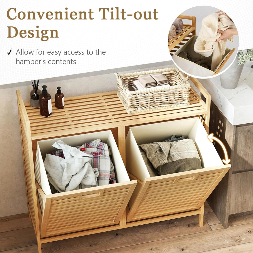 Cesto per la biancheria, 75 l, 2 scomparti, con 2 sacchetti per la biancheria rimovibili, 80 x 30 x 72 cm, in bambù, per lavanderia e bagno