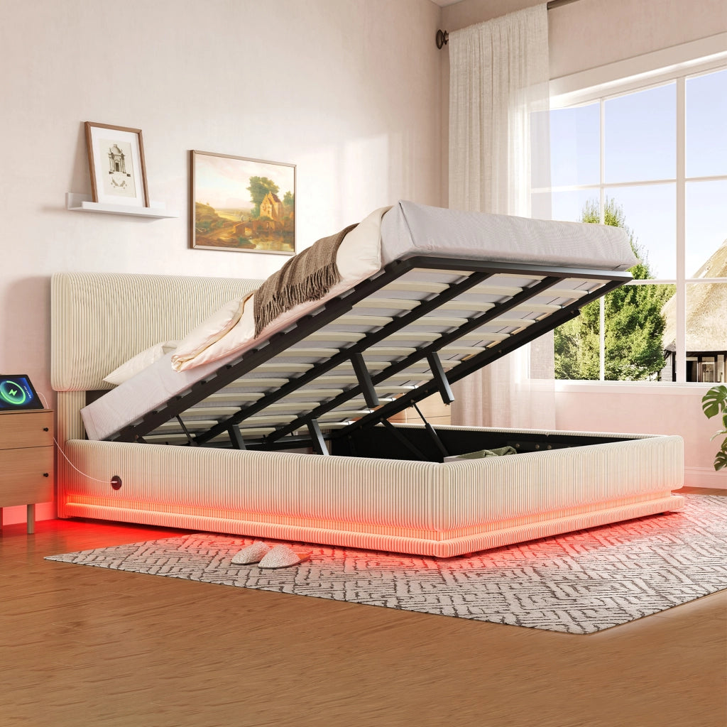Letto Imbottito Contenitore con LED e Testiera Regolabile ¨C MINIMAL ¨C Velluto a Coste Beige 180x200