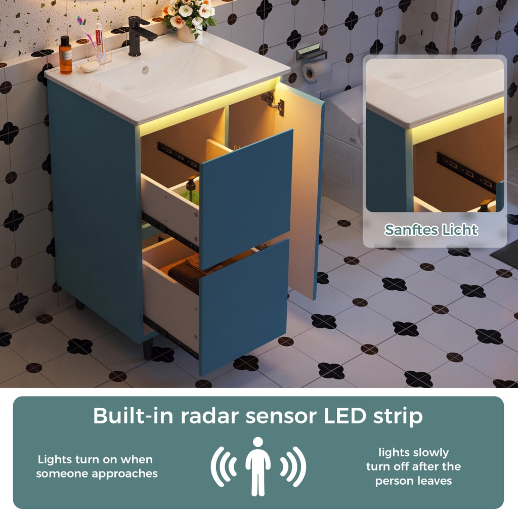 Mobile lavabo bagno freestanding blu con lavabo in ceramica, 2 cassetti e anta