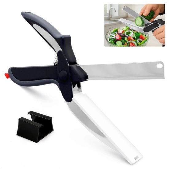 Scaletta da cucina a due in uno con lame in acciaio inossidabile e piatto di taglio in plastica con blocco di sicurezza.