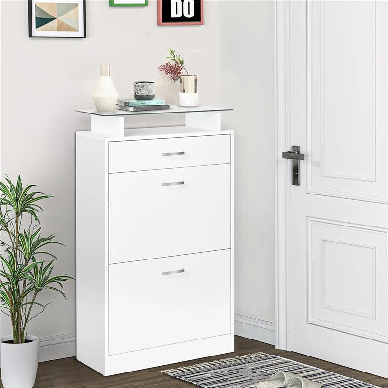 MOBILE SCARPIERA IN LEGNO CON 2 ANTE A 2 LIVELLI, CASSETTO E RIPIANO IN VETRO 60X24X105.5 CM, BIANCO